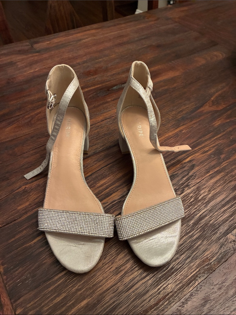 Maripe Champagne Metallic Block Heel Sandals with Rhinestone Strap